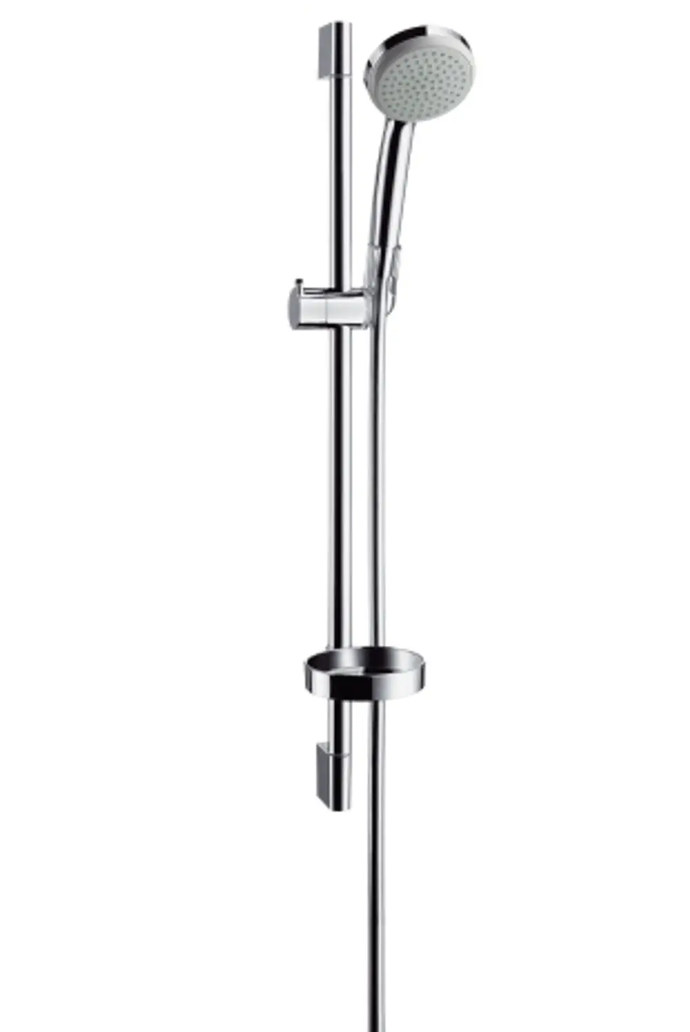 Brauseset mit Handbrause und Brausestange, Chromoberfläche, Halterung und Seifenschale. Produkt von Hansgrohe für die Montage in Duschbereichen.
